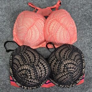 Lot of 2 Victoria Secret Bras Pink Black Lace Very Sexy Push Up Padded 32DDD‎